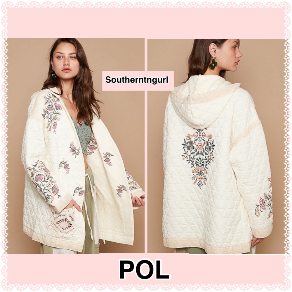 NWT  POL Long sleeve Oversized Quilted Embroidered Crochet Jacket Coat